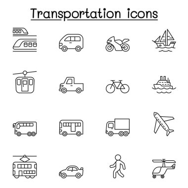 Toplu Taşımacılık Vektör Hattı Simgeleri kümesi. Icons, tren, araba, bisiklet, tekne, yat, kamyon, otobüs, yürüyüş, uçak, helikopter, tren, motosiklet ve daha fazlasını içerir