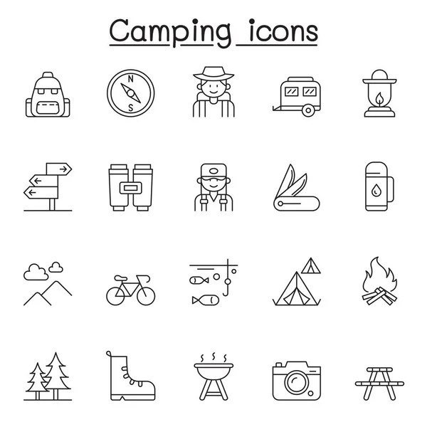 Camping Related Vector Line Icons 하이킹 자동차 캠프파이어 여행자 나침반 — 스톡 벡터