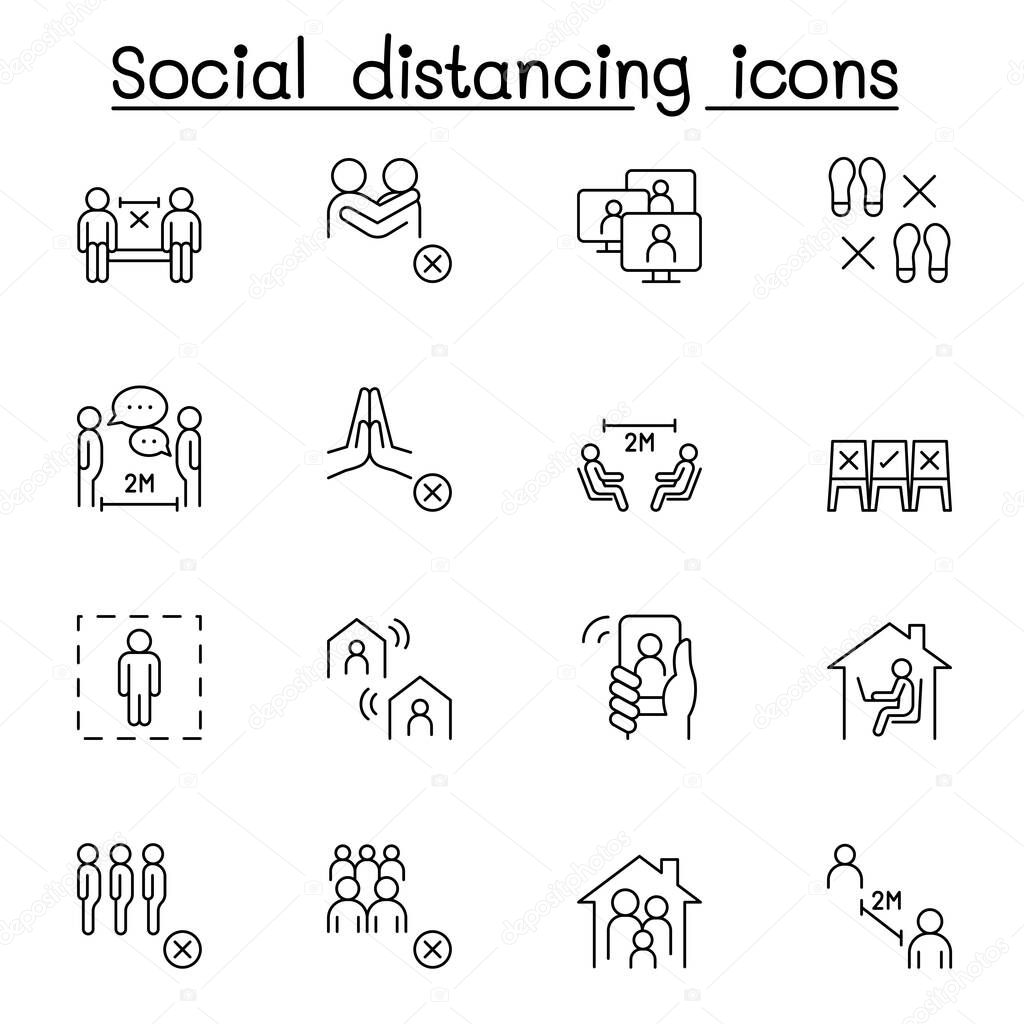Set of Social distancing Related Vector Line Icons. Contains such Icons as avoid crowd, work from home, new normal, stay home and more.
