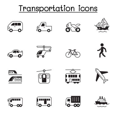 Toplu Taşımacılık Vektör Simgeleri seti. Icons, tren, araba, bisiklet, tekne, yat, kamyon, otobüs, yürüyüş, uçak, helikopter, tren, motosiklet ve daha fazlasını içerir