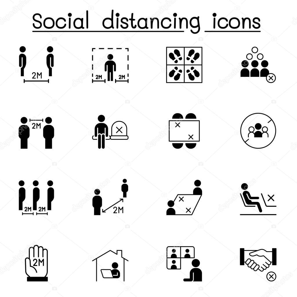Set of Social distancing Related Vector Icons. Contains such Icons as avoid crowd, work from home, new normal life style, stay home and more. 