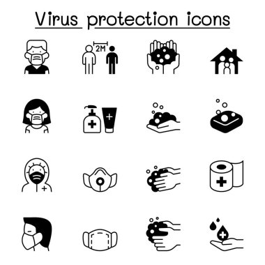 Virüs koruma ikonları. Sosyal uzaklık, maske, el yıkama, evde kalma gibi simgeler içerir.. 