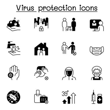 Virüs koruma ikonları. Sosyal uzaklık, maske, el yıkama, evde kalma gibi simgeler içerir..