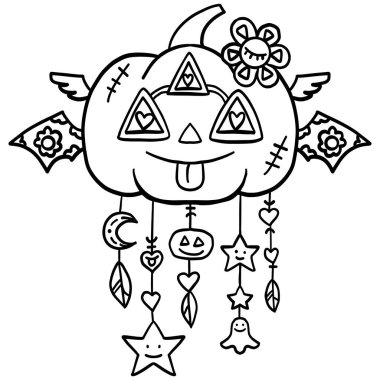 Cadılar Bayramı şirin çizgi filmi. Kanatlı şirin Cadılar Bayramı balkabağı ve boyama için sallanan tılsımlar.