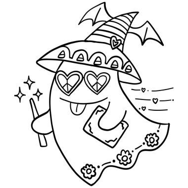 Cadılar Bayramı şirin çizgi filmi. Cadı şapkası takan, kalbi olan ve sihirli değneği olan sevimli bir hayalet..