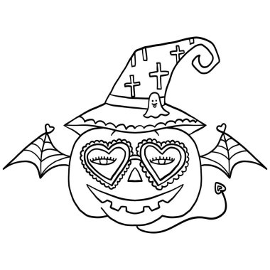 Cadılar Bayramı şirin çizgi filmi. Kalp şeklinde gözleri, yarasa kanatları ve cadı şapkası olan Cadılar Bayramı balkabağı.