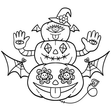 Cadılar Bayramı şirin çizgi filmi. Cadılar Bayramı temalı kanatlı ve cadı şapkalı üç kademeli canavar balkabağı..