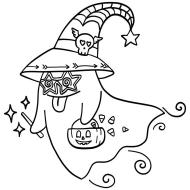 Cadılar Bayramı şirin çizgi filmi. Cadı şapkası takan ve elinde şeker kovası tutan yıldız şeklinde gözlüklü sevimli bir hayalet..