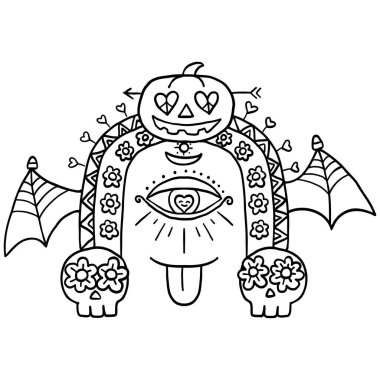 Cadılar Bayramı şirin çizgi filmi. Cadılar Bayramı temalı balkabağı, kafatası, kanatları ve kalpleri olan karalama..