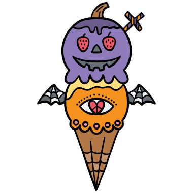 Cadılar Bayramı illüstrasyonu. Cadılar Bayramı temalı dondurma külahı. Ürkütücü dekorasyonları ve kanatları var.