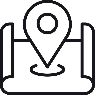 konum, harita, adres simgesi. Yuvarlanmış kağıt parşömende lokasyon iğnesi olan bir harita. ince çizgi biçiminde