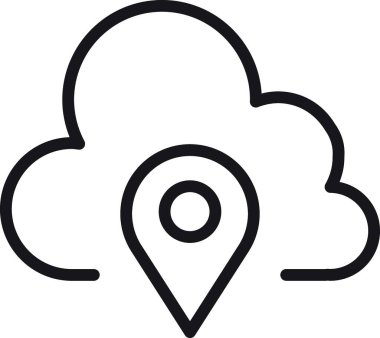 konum, harita, adres simgesi. Bulut hesaplama konsepti konum belirleyici illüstrasyonlu. ince çizgi biçiminde