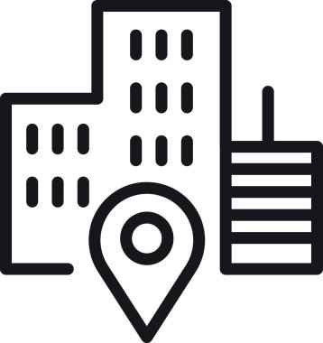 konum, harita, adres simgesi. Şehir silueti, yerini gösteren bir harita rozeti. ince çizgi biçiminde