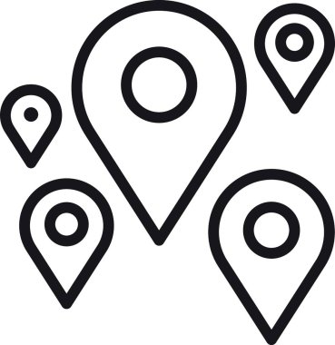 konum, harita, adres simgesi. Çeşitli boyutlarda lokasyon iğneleri koleksiyonu. ince çizgi biçiminde