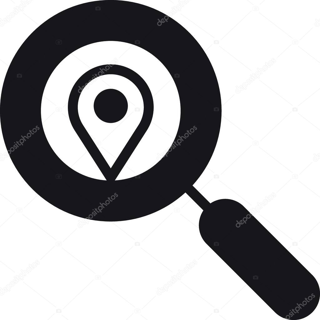 Location, map, address icon Magnifying glass highlighting a location marker icon.