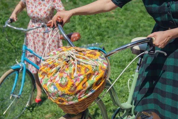 Kobieta Retro Rowerów Koszem Piknik Vintage — Zdjęcie stockowe