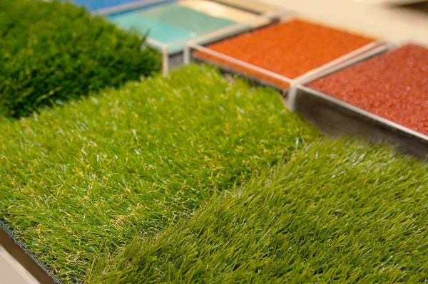 Samples of an artificial lawn in a trade exposition. Sales