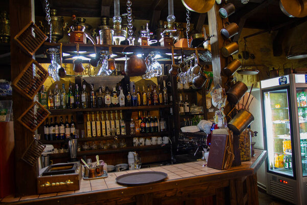 Kamyanets-Podolsky, Ukraine - June 30, 2018: Interier Cafe decorated in a retro style with antiques