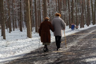 Yaşlı çift Kış parkta bir yürüyüş. İnsanlar