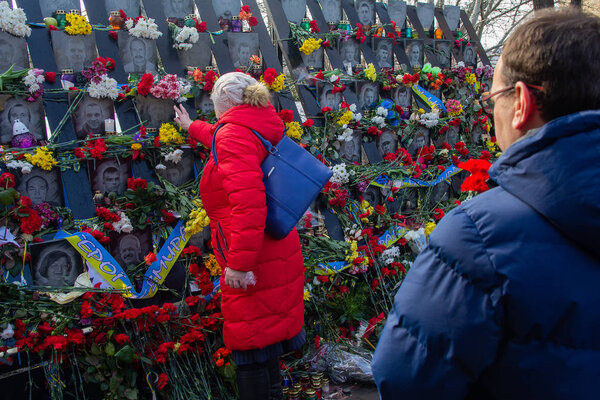 Kiev, Ukraine - February 20, 2019: Memorial to those killed during the 2014 revolution on Institutskaya Street on the fifth anniversary of the events