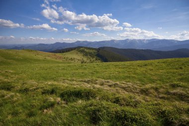 Dağ yaz panoramik manzara mavi gökyüzü ve bulutlar. Karpatlar