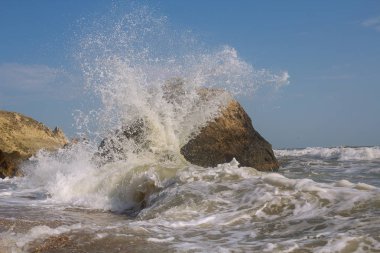 Kıyıda vuran dalgaların sıçramaları. Deniz