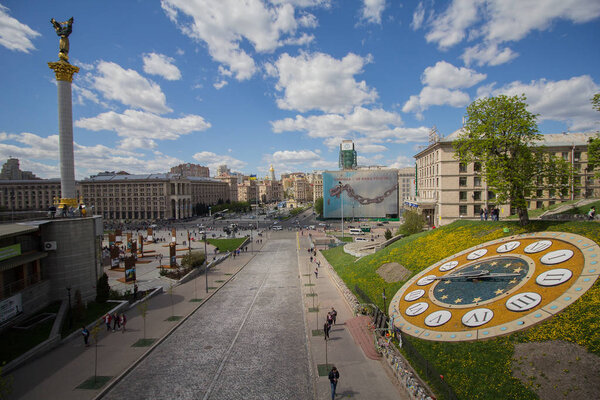 Kiev, Ukraine - April 22, 2018: Panoramic view of the evening Independence Square and the street Institutskaya