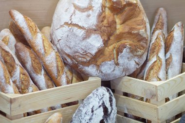 Fırın tezgahında farklı türde taze ekmek var. Yiyecek.