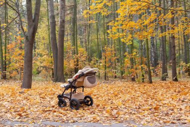 Boş bebek arabası, sonbahar parkının arka planındaki sarı yaprakların arasında duruyor.