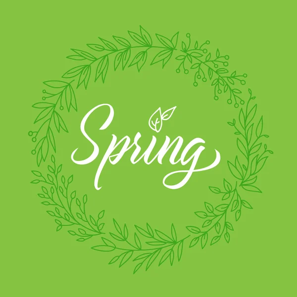 Lente Belettering Illustratie Met Florale Decoratief Blad Krans — Stockvector