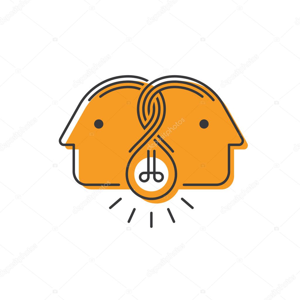 Two profile faces with light bulb. Concept of business idea and brainstorming infographics.