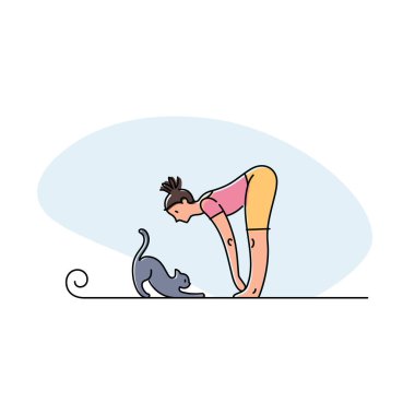 Kedisiyle yoga yapan genç bir kadın. Vektör illüstrasyonu.