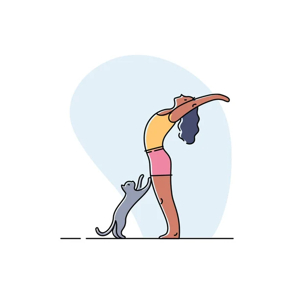 Mujer Joven Haciendo Yoga Con Gato Ilustración Vectorial — Vector de stock
