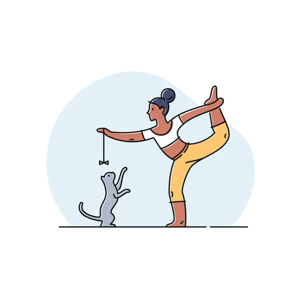 Kedisiyle Yoga Yapan Genç Bir Kadın Vektör Illüstrasyonu — Stok Vektör