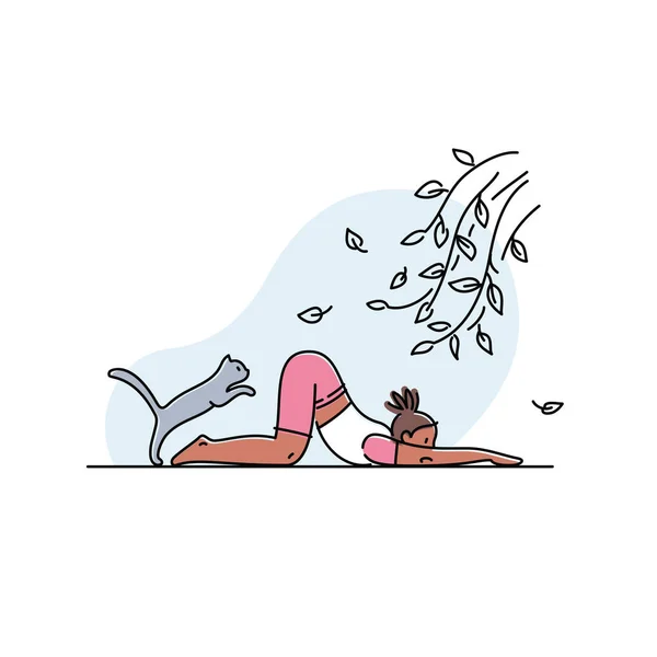 Mujer Joven Haciendo Yoga Con Gato Ilustración Vectorial — Archivo Imágenes Vectoriales