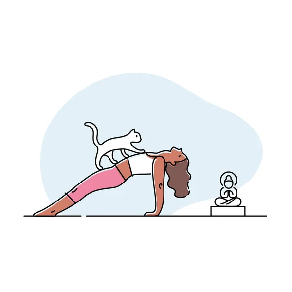 Mujer Joven Haciendo Yoga Con Gato Ilustración Vectorial — Archivo Imágenes Vectoriales