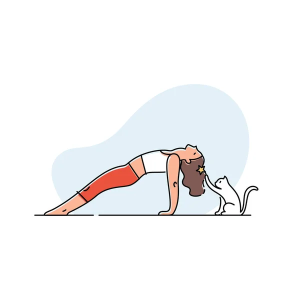 Mujer Joven Haciendo Yoga Con Gato Ilustración Vectorial — Archivo Imágenes Vectoriales