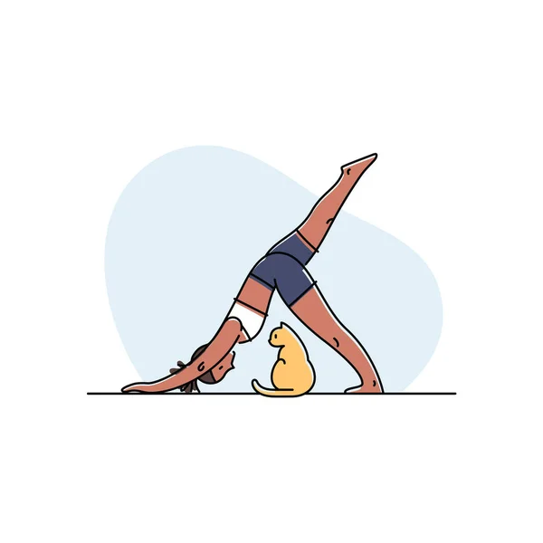 Young Woman Doing Yoga Her Cat Vector Illustration — Stock Vector