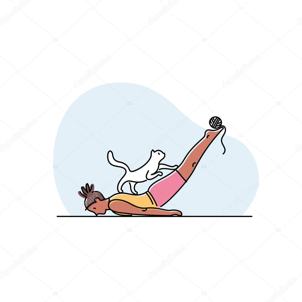 Young woman doing yoga with her cat. Vector illustration.
