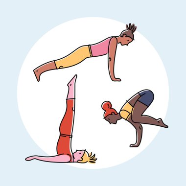 Yoga pozlar, düz tasarım renkli vektör çizim seti.