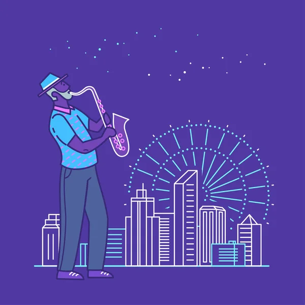 Saxofonista Romántico Ciudad Nocturna Ilustración Vectorial — Archivo Imágenes Vectoriales