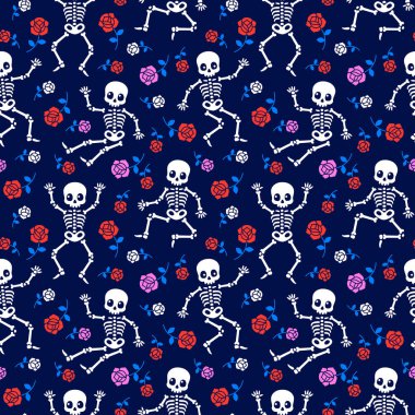 İskeletler ve güller kusursuz vektör deseni.