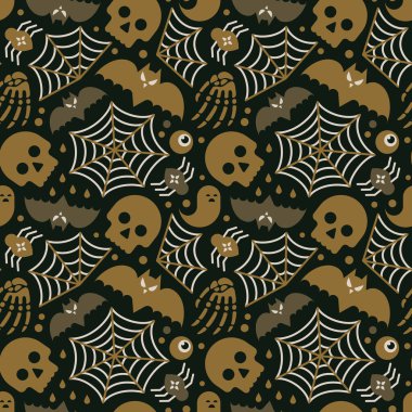 Kafatası, yarasa, örümcek ve ağla kusursuz bir Cadılar Bayramı deseni.