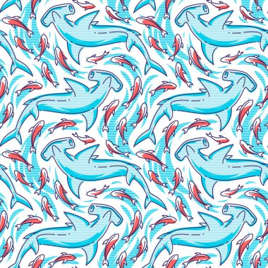 Köpekbalıkları ve balıklarla kusursuz vektör deseni. İzler, tişörtler, tekstil ve kumaş için modern arkaplan.