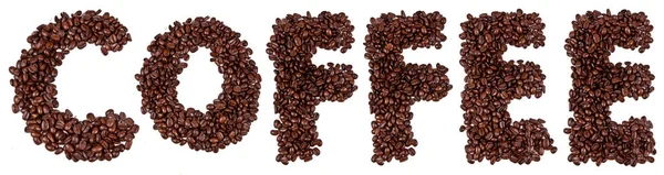 Текст кави, написаний з кавовими зернами на ізольованому фоні — стокове фото