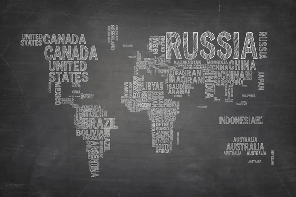 World map composed from country names on black blackboard