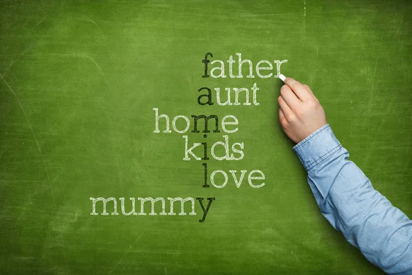 Familie word cloud concept op blackboard — Stockfoto