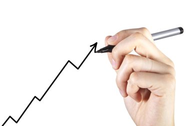 Kadın el ile işaret eden ok üzerinde beyaz izole kalem tutan