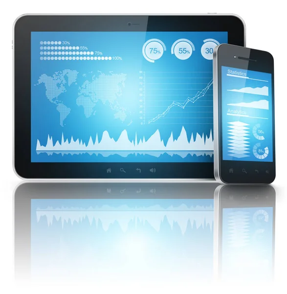 Tablet no celular com gráficos de negócios na tela — Fotografia de Stock