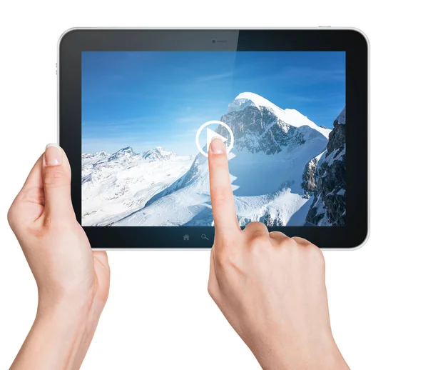 Conceito de tablet com dedo apontador e imagem de montanha nevada na tela do tablet — Fotografia de Stock